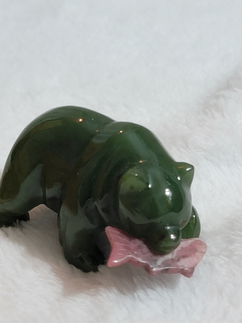 Green JADE Bear Figurine with Pink Fish Accent - Small Pets Decor